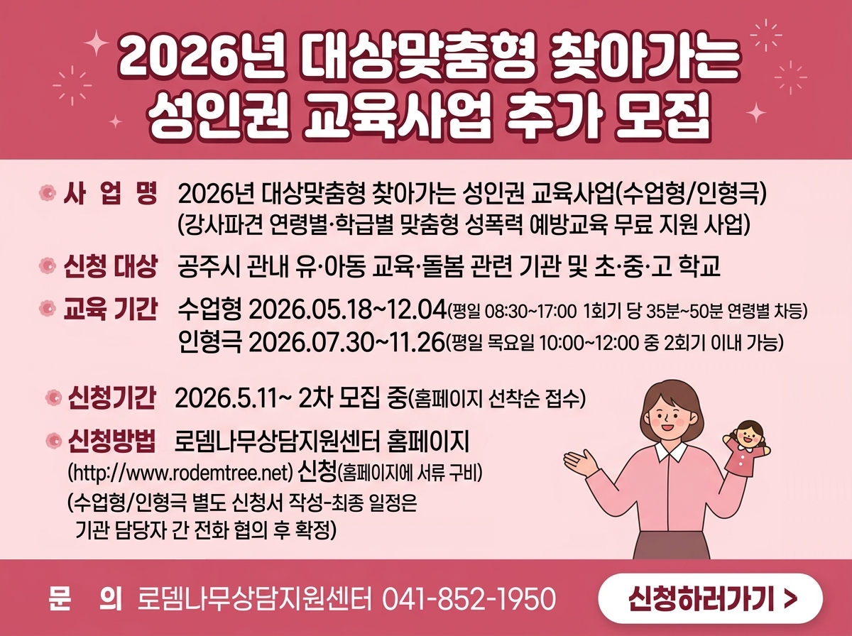 2026년 대상맞춤형 찾아가는 성인권 교육사업 추가 모집

사업명
2026년 대상맞춤형 찾아가는 성인권 교육사업(수업형/인형극)
(강사파견 연령별·학급별 맞춤형 성폭력 예방교육 무료 지원 사업)

신청 대상
공주시 관내 유·아동 교육·돌봄 관련 기관 및 초·중·고 학교

교육 기간
수업형 2026.05.18~12.04 (평일 08:30~17:00, 1회기 당 35분~50분 연령별 차등)
인형극 2026.07.30~11.26 (평일 목요일 10:00~12:00 중 2회기 이내 가능)

신청 기간
2026.5.11~ 2차 모집 중 (홈페이지 선착순 접수)

신청 방법
로뎀나무상담지원센터 홈페이지 (http://www.rodemtree.net) 신청 (홈페이지에 서류 구비)
(수업형/인형극 별도 신청서 작성 - 최종 일정은 기관 담당자 간 전화 협의 후 확정)

문의
로뎀나무상담지원센터 041-852-1950

[신청하러 가기]